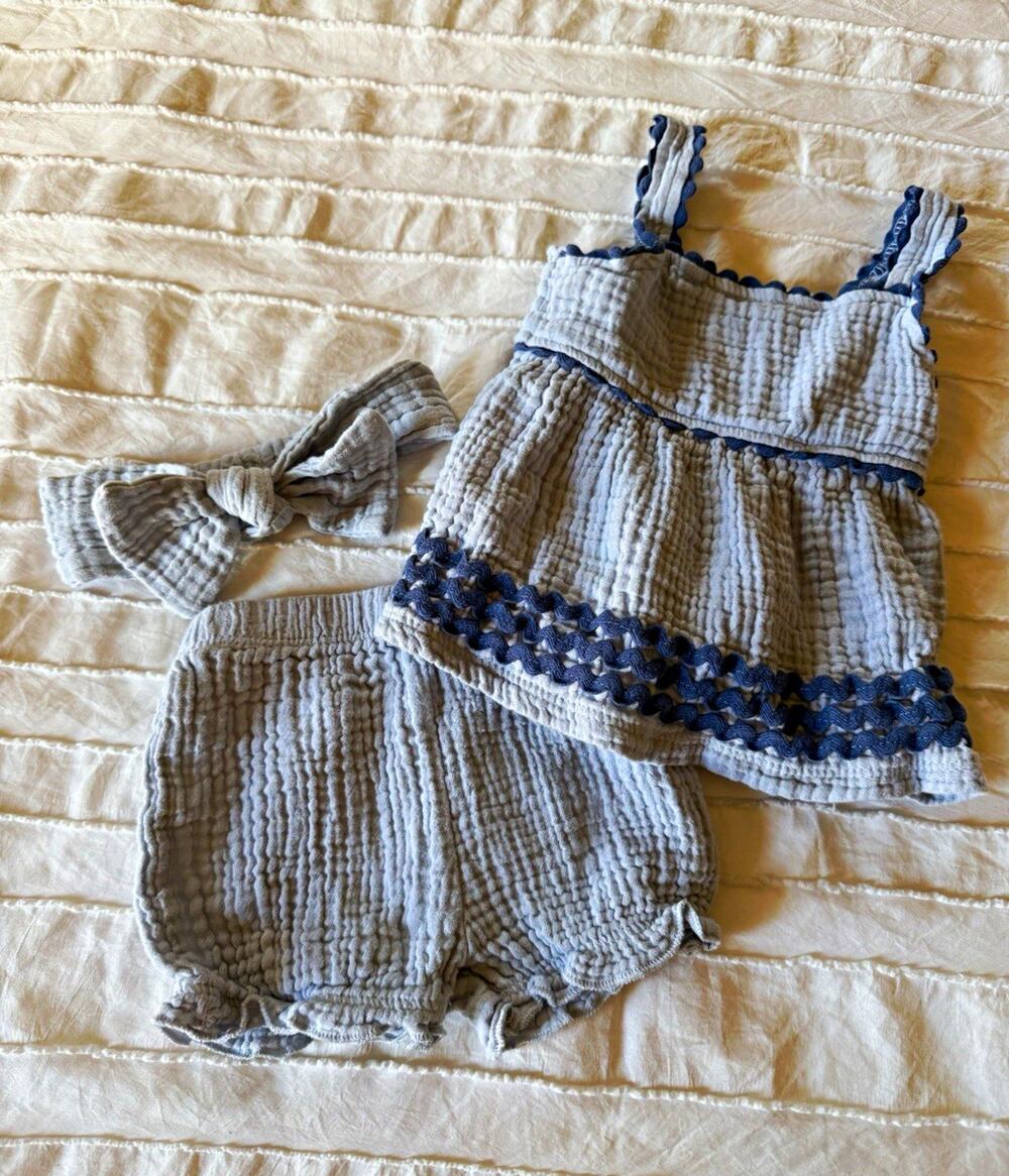 Rabbit Bear Organic Girls 3-6M 3pc Blue/White Striped Ruffle Shorts Set